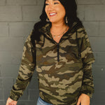 Camouflage quarter zip hooded windbreaker.