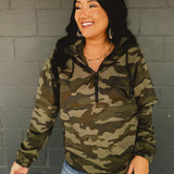 Camouflage quarter zip hooded windbreaker.