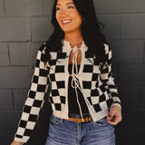 Front bow tie up checkered printed sweater cardigan.