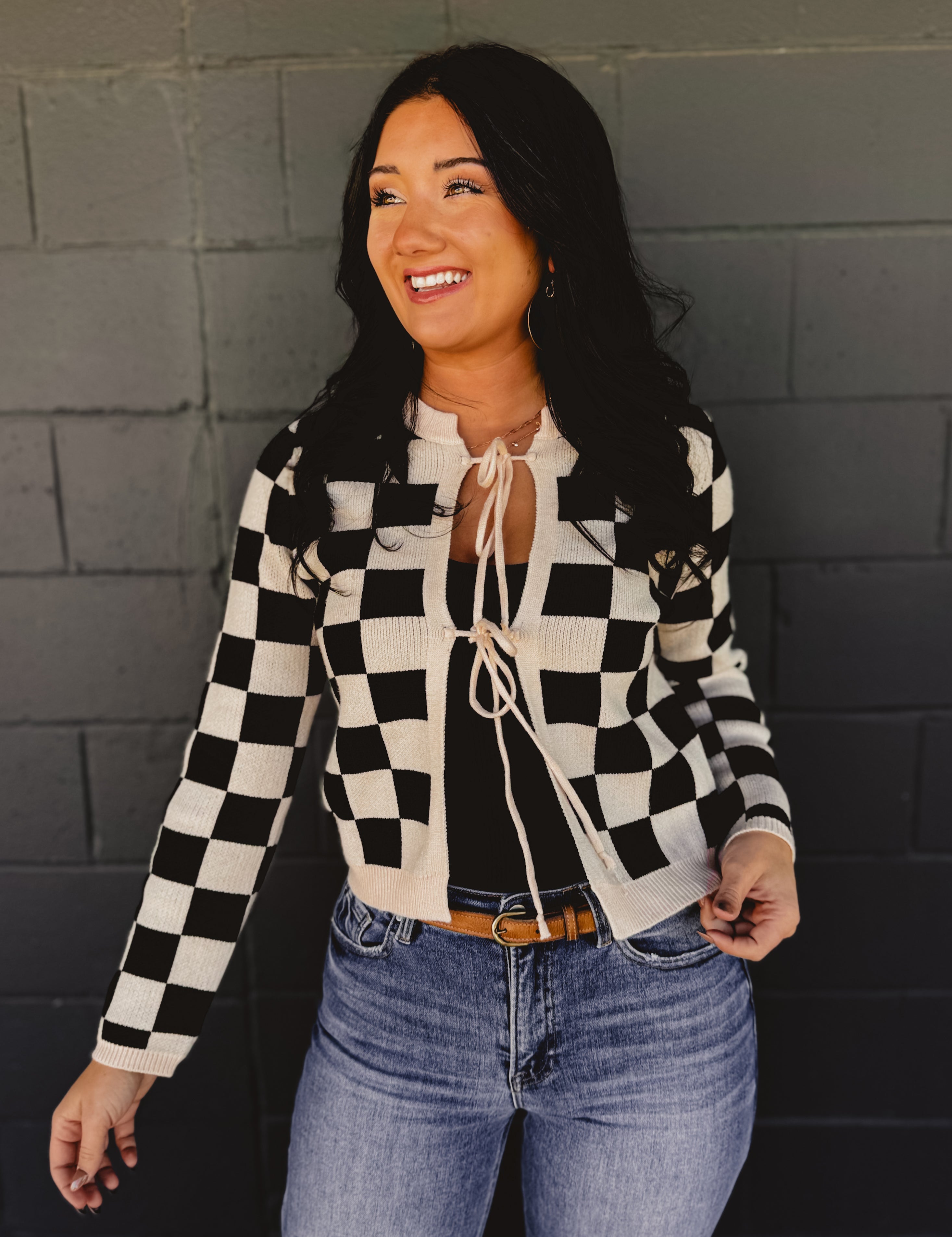 Front bow tie up checkered printed sweater cardigan.