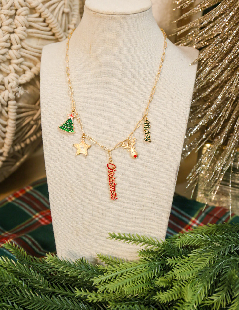 Christmas charm gold paperclip chain link necklace.