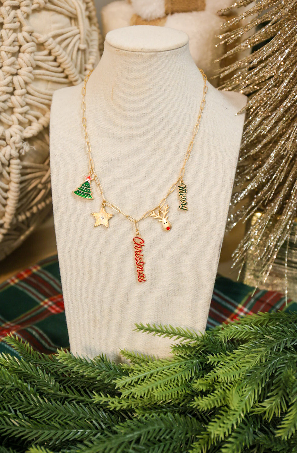 Christmas charm gold paperclip chain link necklace.