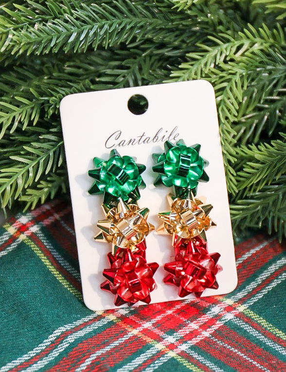Set of 3 Christmas bow post drop earrings.