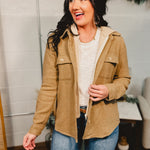 Contrast hooded button down shacket with front pockets in the color Mocha.