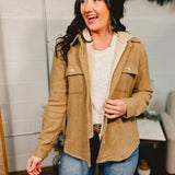 Contrast hooded button down shacket with front pockets in the color Mocha.