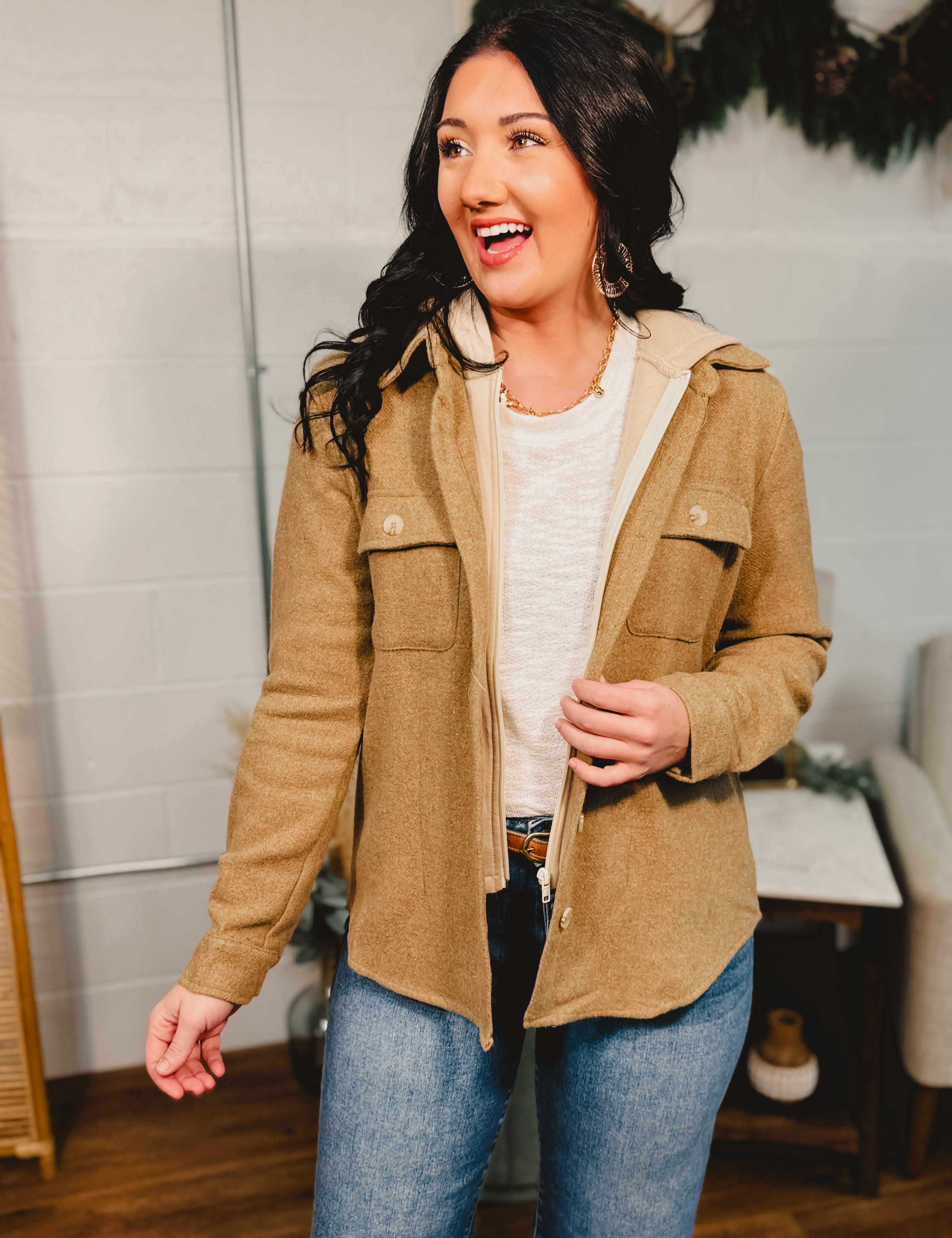 Contrast hooded button down shacket with front pockets in the color Mocha.