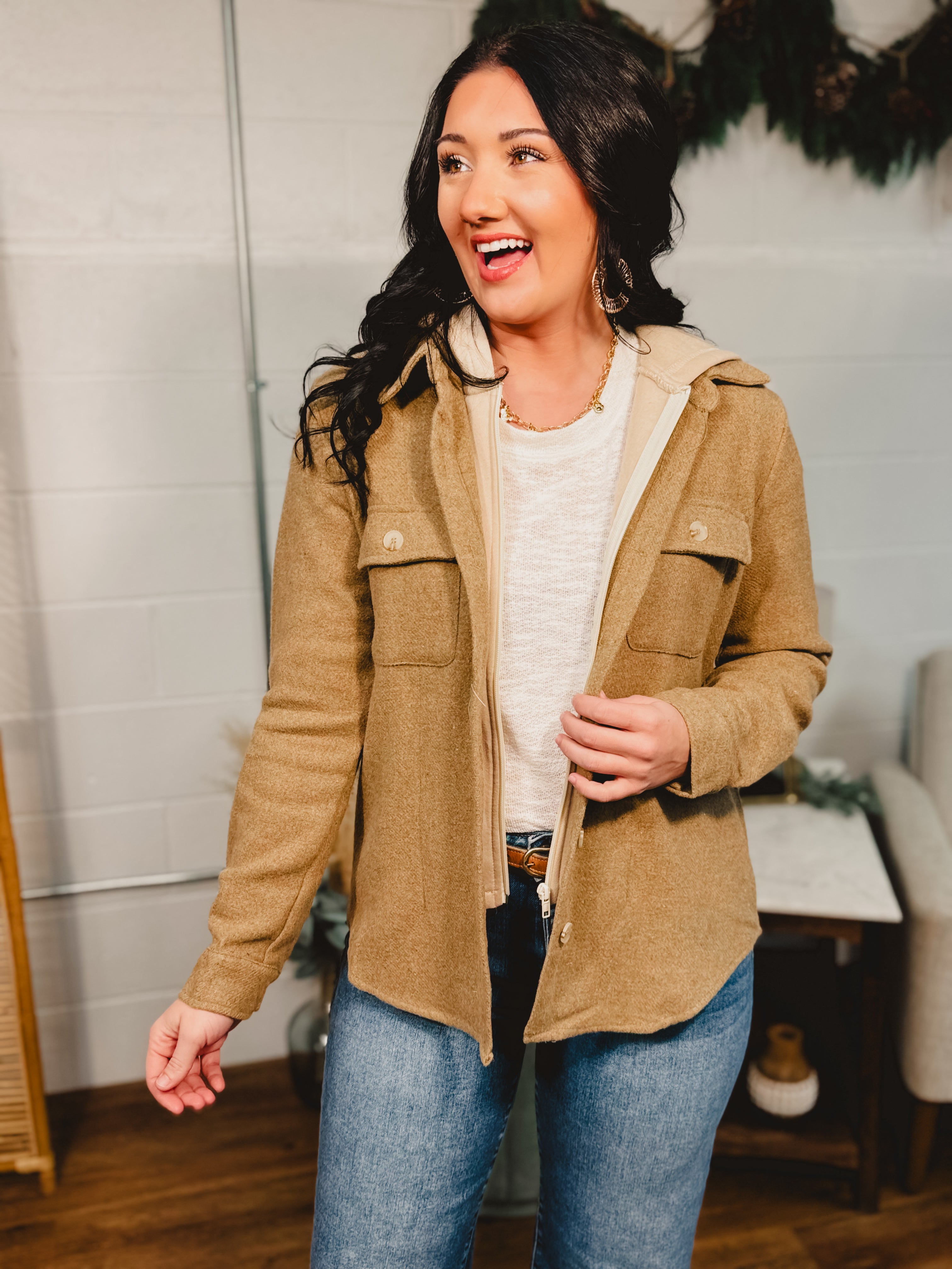 Contrast hooded button down shacket with front pockets in the color Mocha.