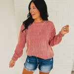 Round neck curved hem long sleeve two tone dark red sweater.