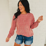 Round neck curved hem long sleeve two tone dark red sweater.