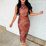 Patchwork Print Mock Neck Ruched Mesh Maxi Dress - Brown Multi