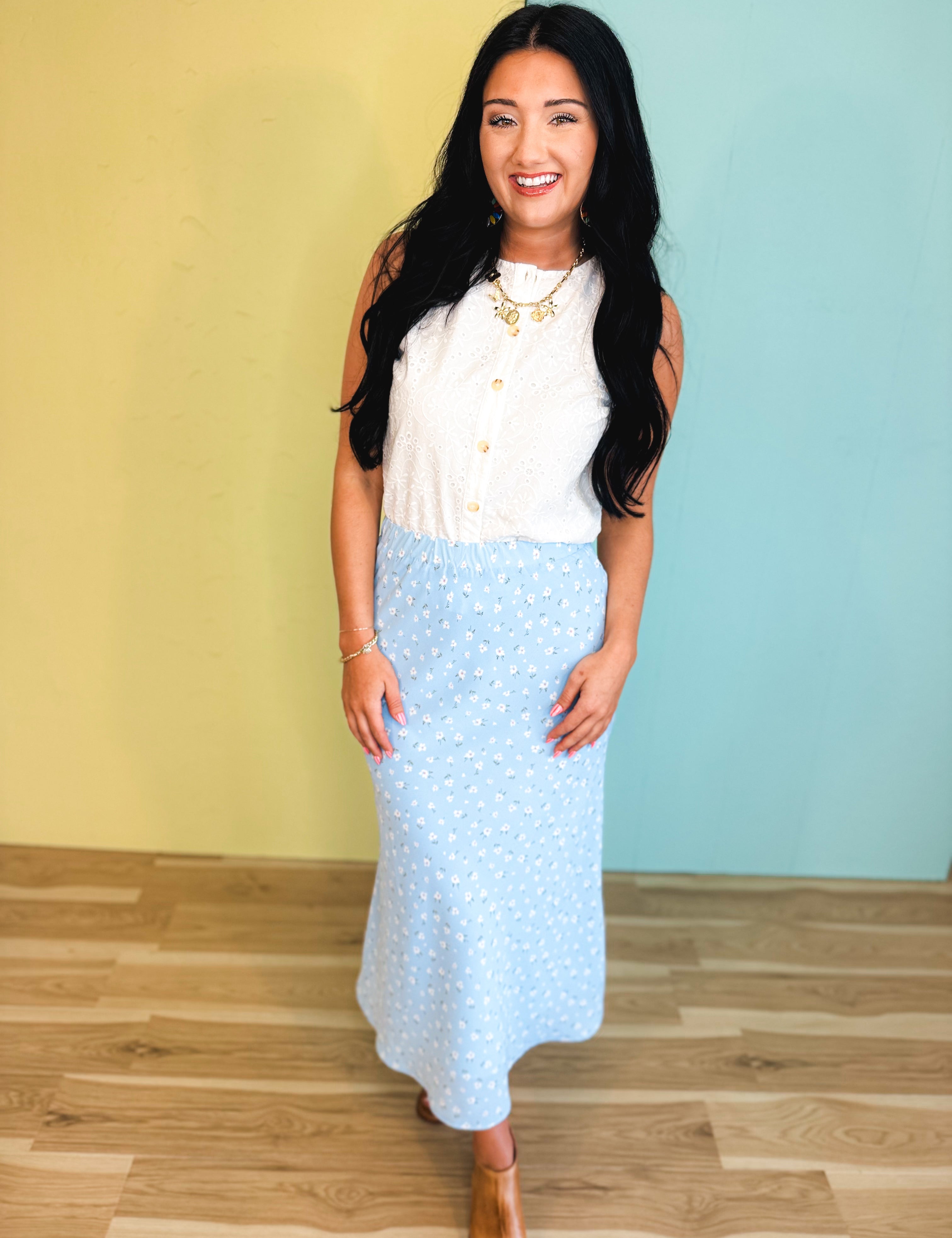 Floral Midi Skirt - Sky/White - Lace and Grace Boutique
