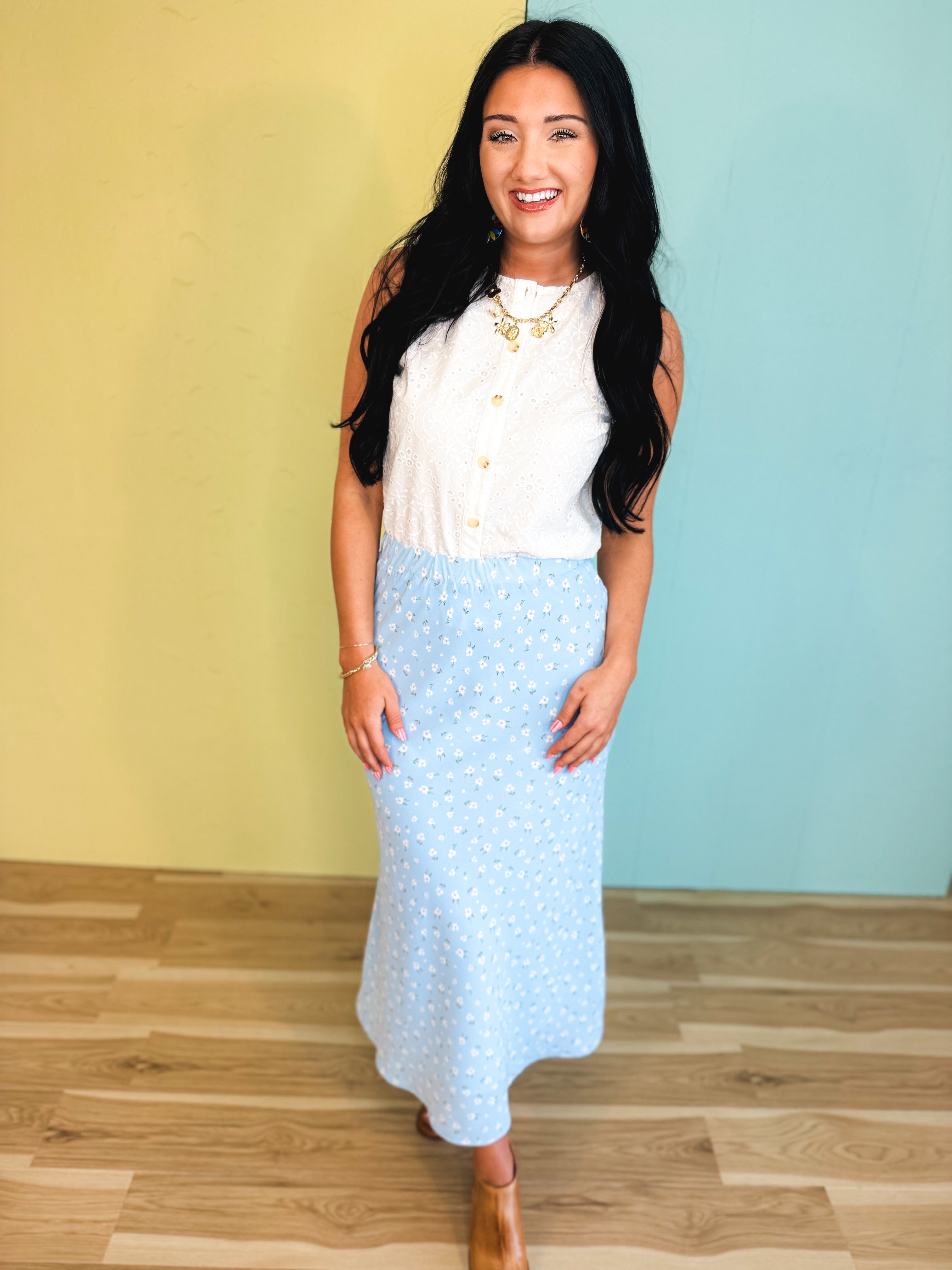 Floral Midi Skirt - Sky/White - Lace and Grace Boutique