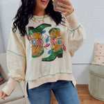 Sequin Western Boots In Lights Long Sleeve Top - Ivory - Lace and Grace Boutique