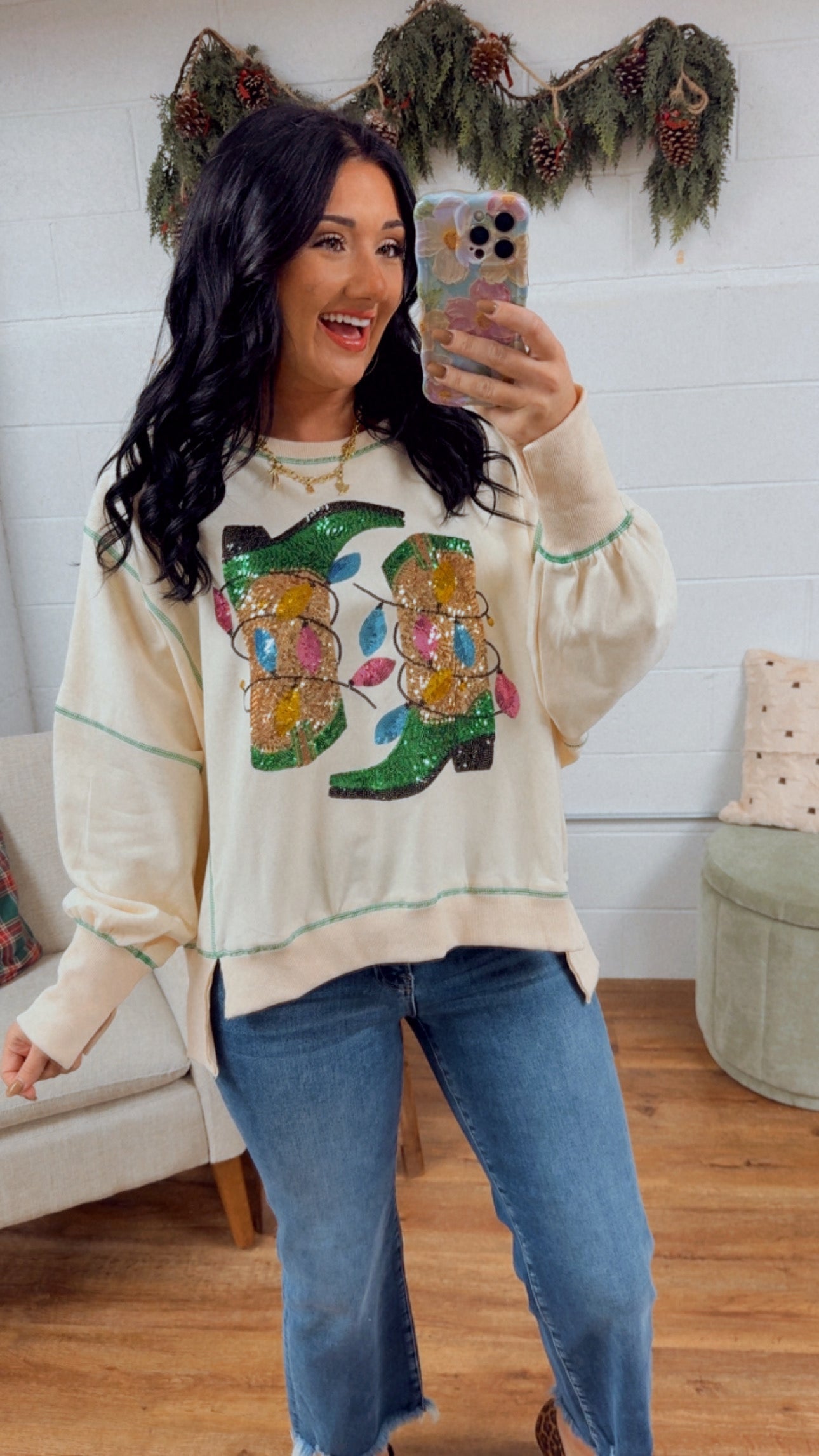 Sequin Western Boots In Lights Long Sleeve Top - Ivory - Lace and Grace Boutique