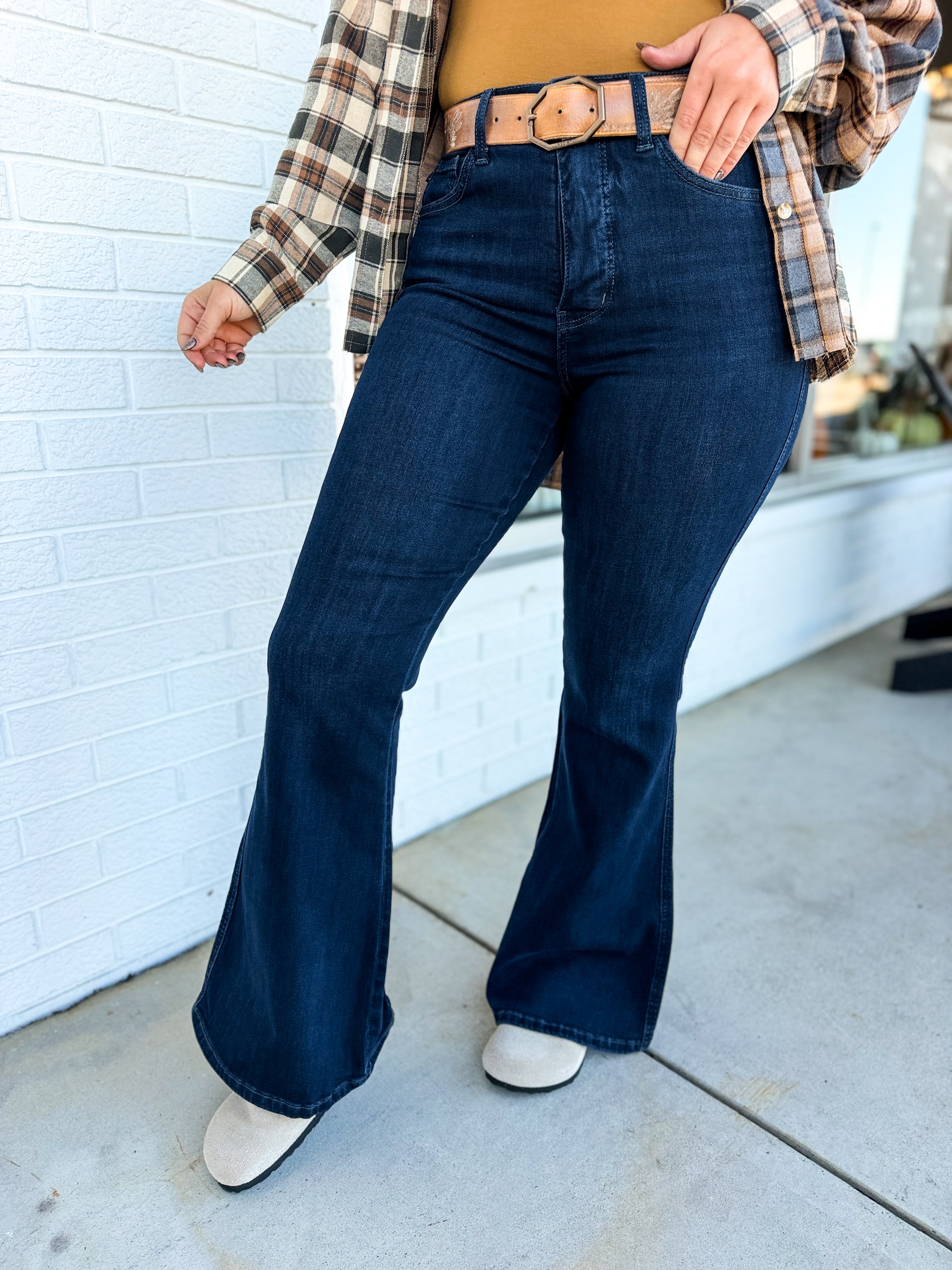 Judy Blue Charlotte High Rise Flare Denim Jeans - Deep Indigo - Lace and Grace Boutique