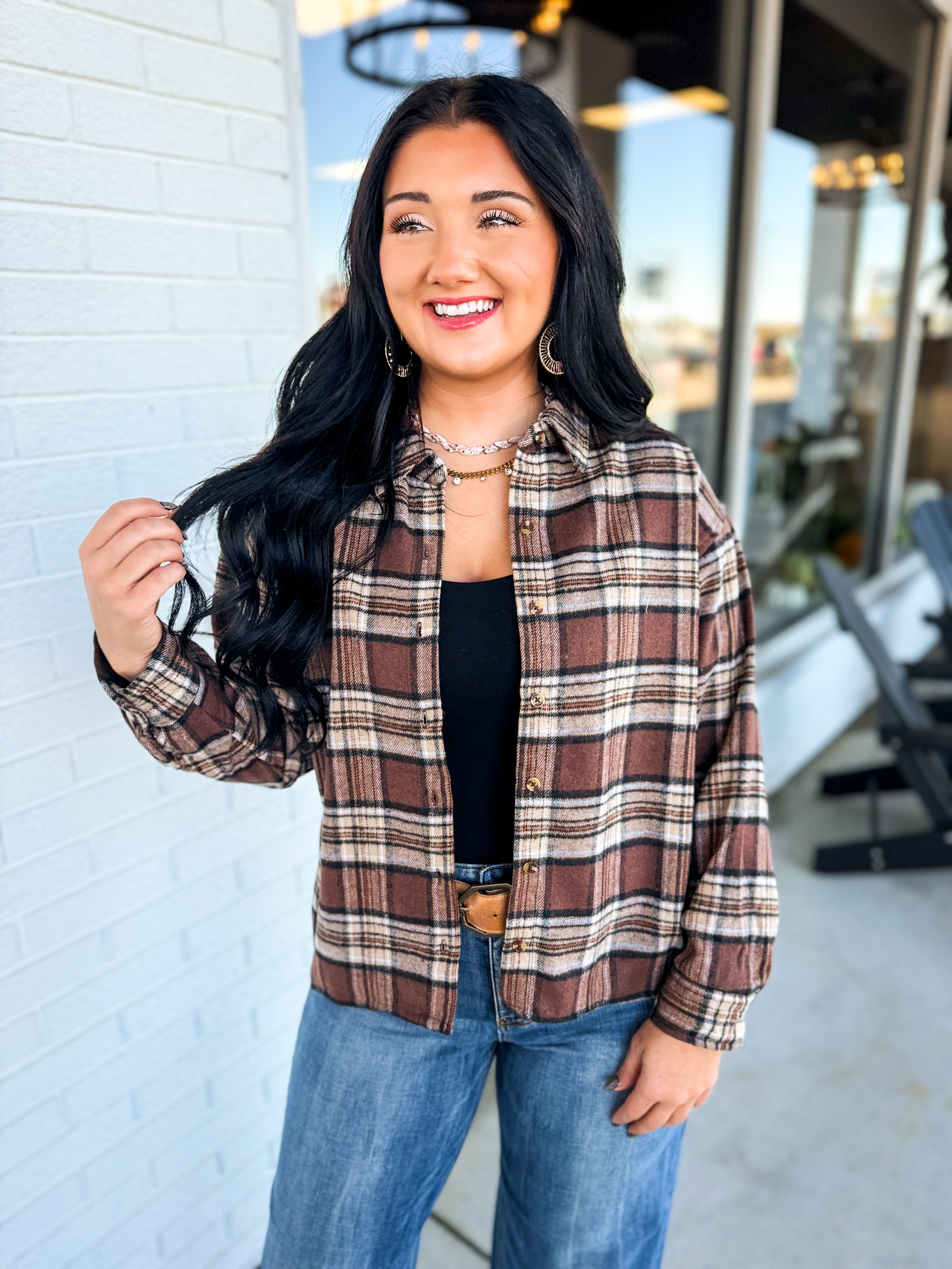 Plaid Printed Soft Button Up Cropped Woven Shirt - Aubrey - Lace and Grace Boutique