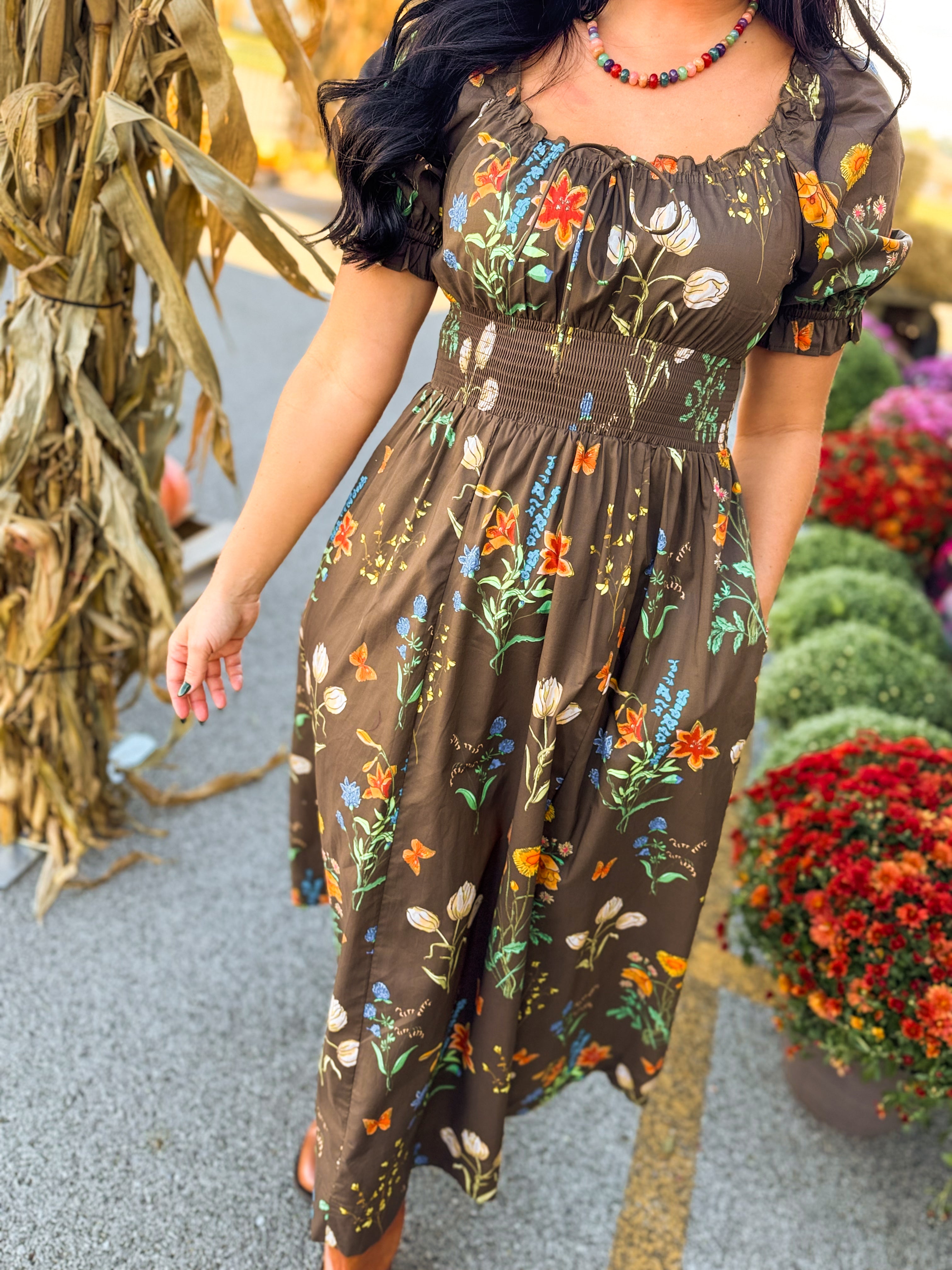 Wildflower Printed Smocked Maxi Dress - Mocha - Lace and Grace Boutique