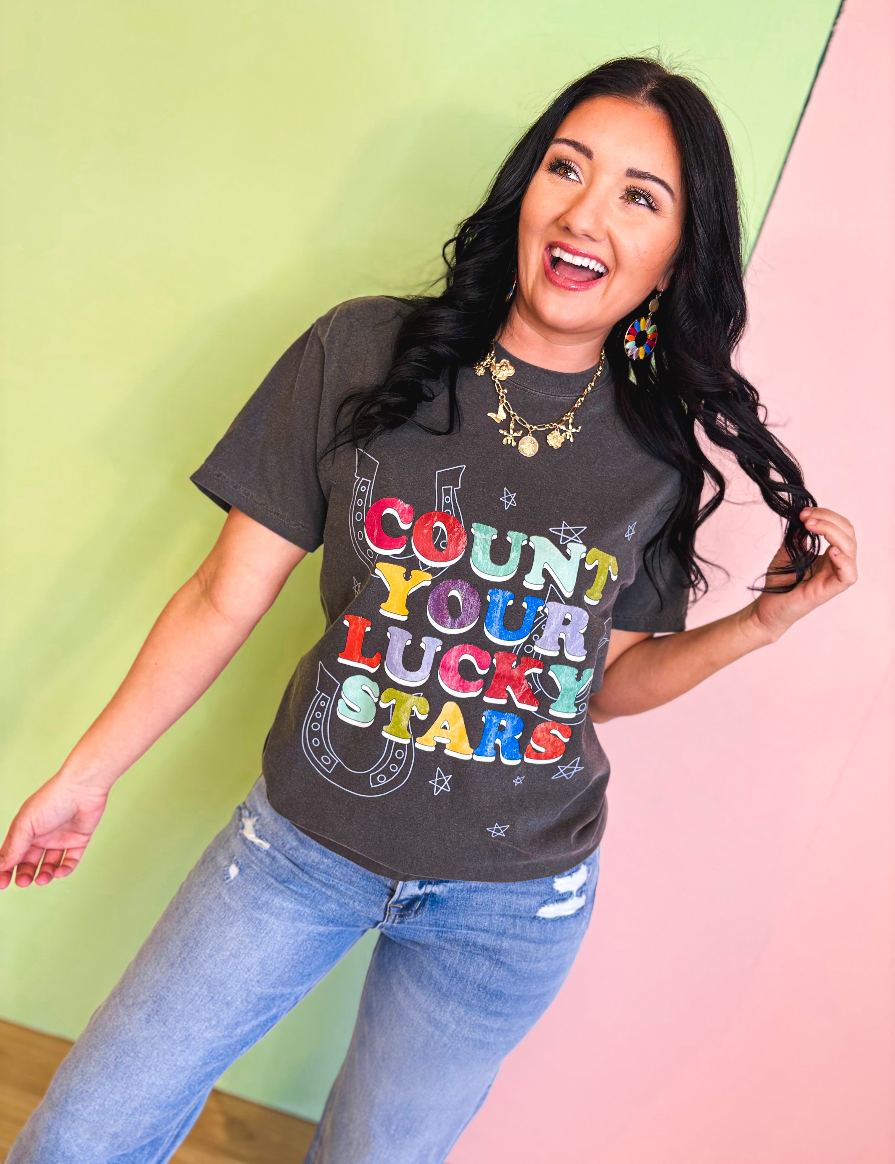 Count Your Lucky Stars Graphic Tee - Charcoal - Lace and Grace Boutique