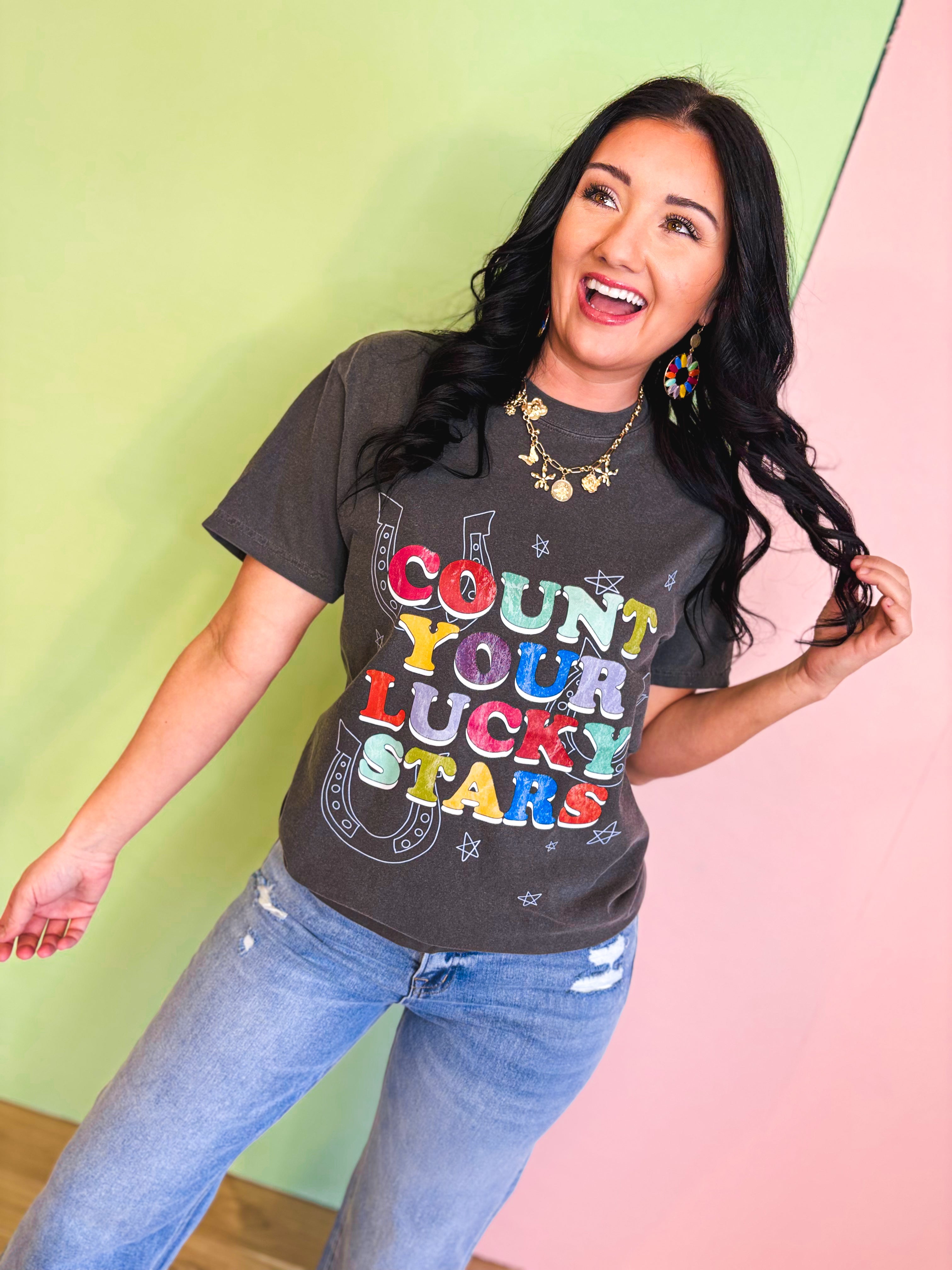 Count Your Lucky Stars Graphic Tee - Charcoal - Lace and Grace Boutique