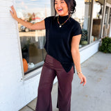 Stretchy Faux Leather Wide Leg Pants - Dark Brown