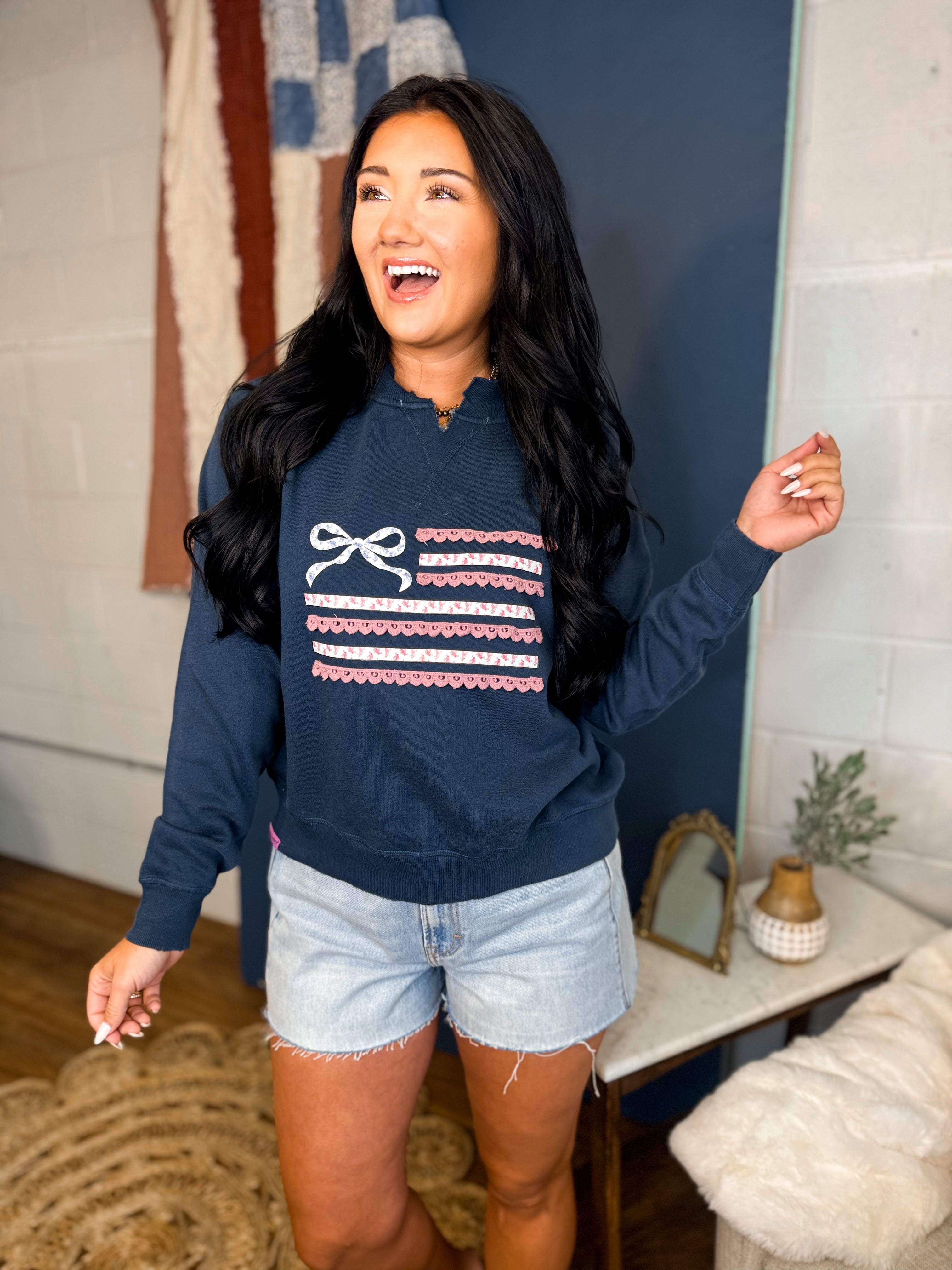 Simply Southern Ribbon Flag Crewneck Sweatshirt - Navy - Lace and Grace Boutique