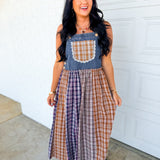 Mixed Plaid Denim Overall Maxi Dress - Multicolor
