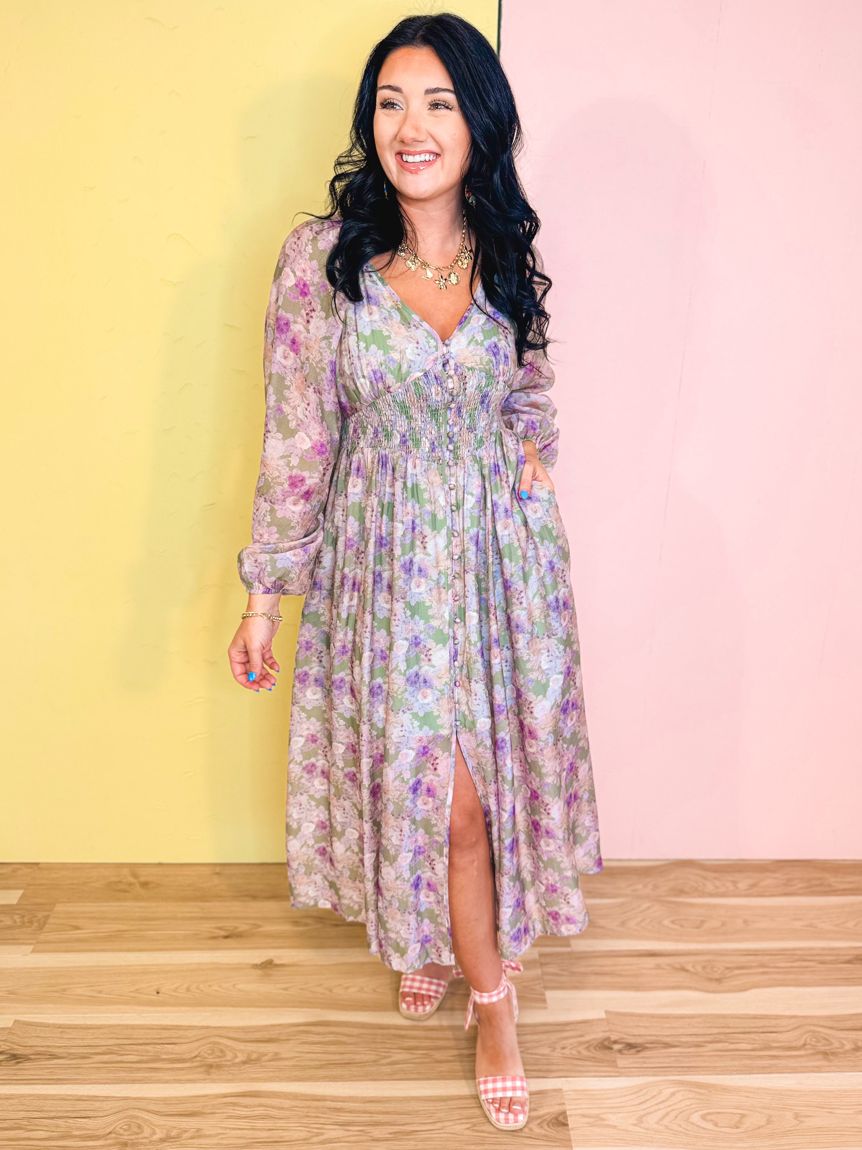 Tencel Floral Smocked Button Down Maxi Dress - Eucalyptus - Lace and Grace Boutique