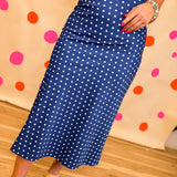 Polka Dot Silky Satin Midi Skirt - Navy/Ivory - Lace and Grace Boutique