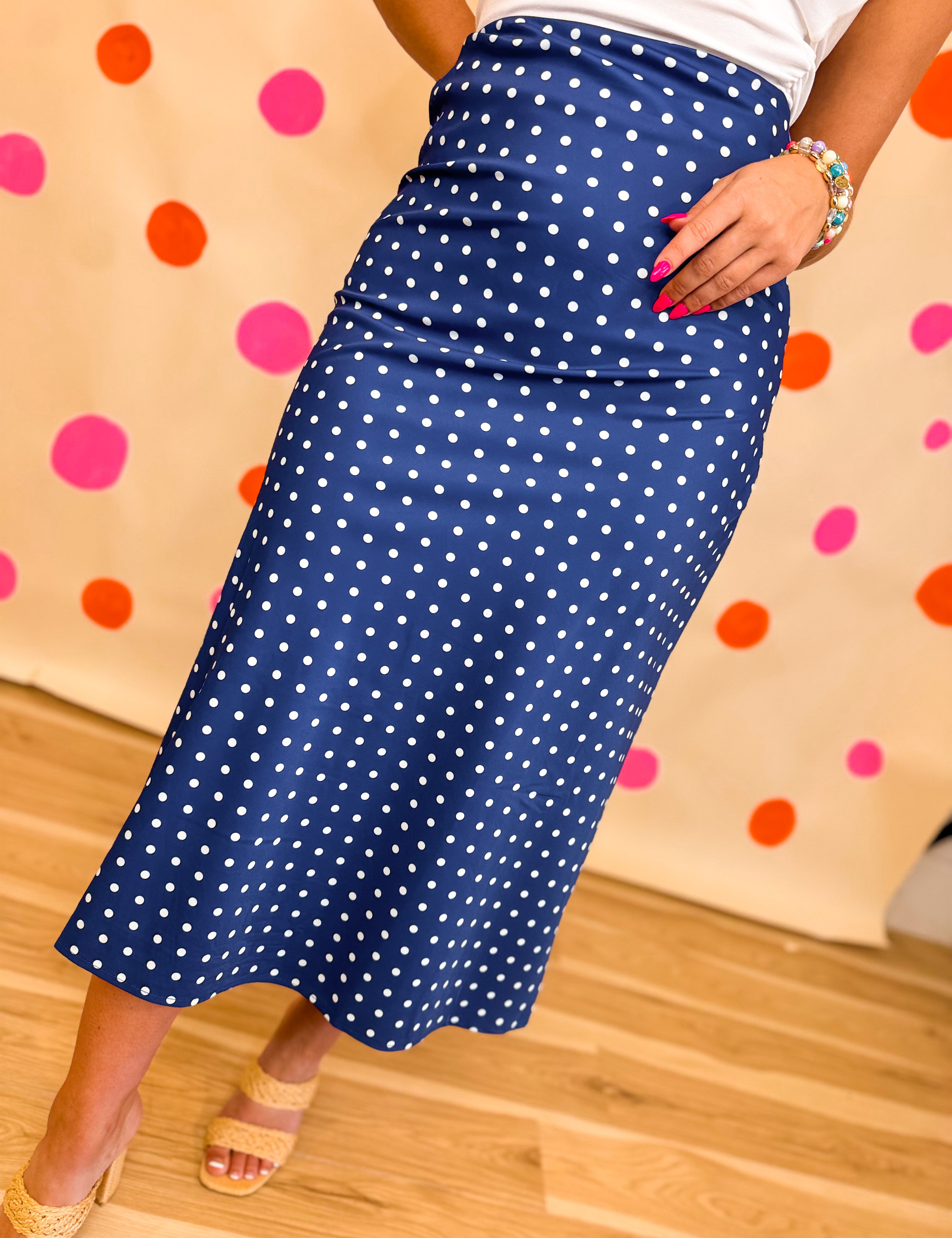 Polka Dot Silky Satin Midi Skirt - Navy/Ivory - Lace and Grace Boutique