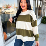 Striped Long Sleeve Oversized Top - Olive/Ivory