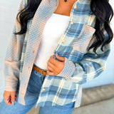 Plaid Patchwork Button Up Flannel Top - Blue Multi