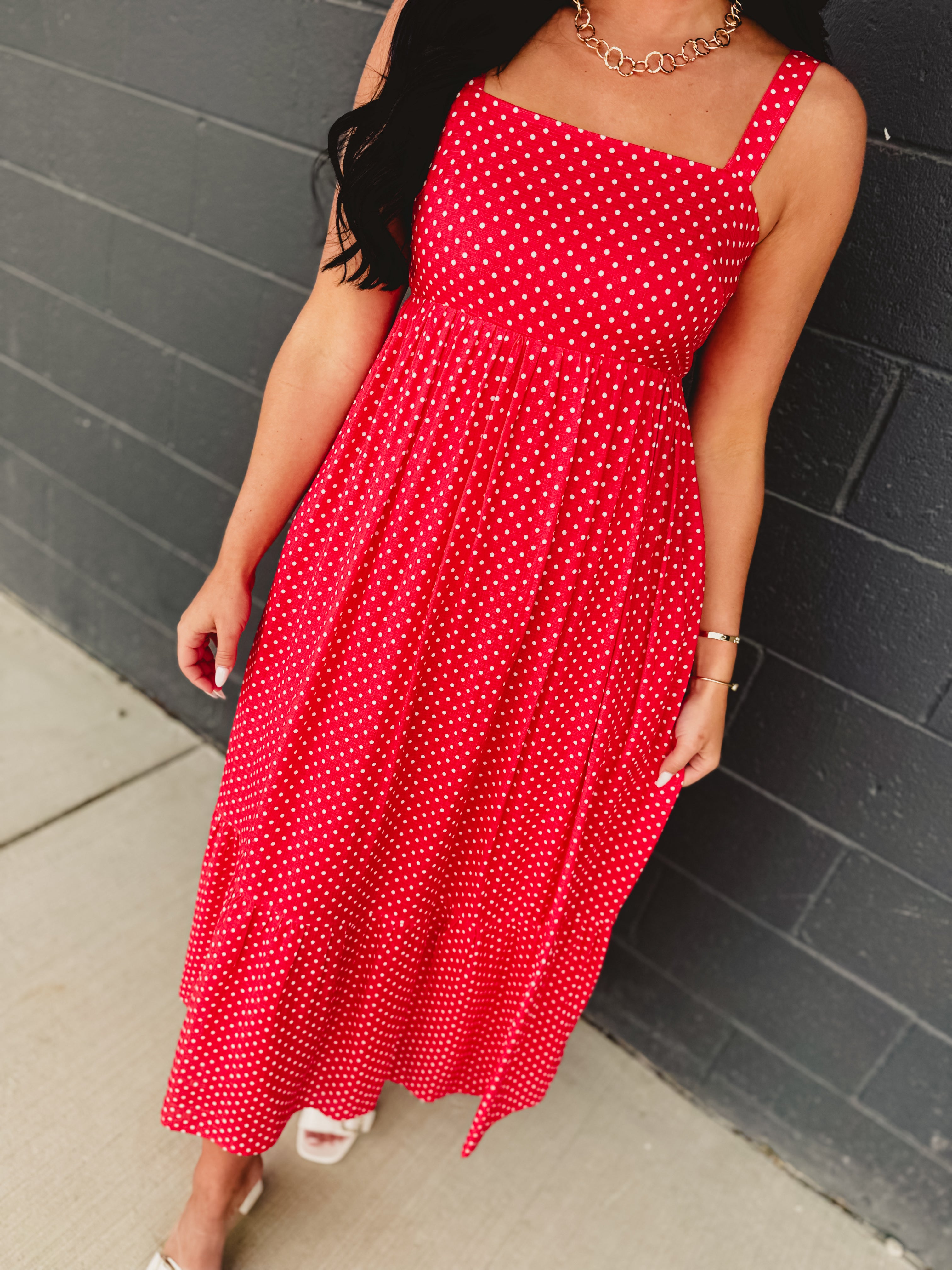 Polka Dot Square Neck Maxi Dress - Chili - Lace and Grace Boutique
