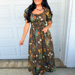 Wildflower Printed Smocked Maxi Dress - Mocha - Lace and Grace Boutique