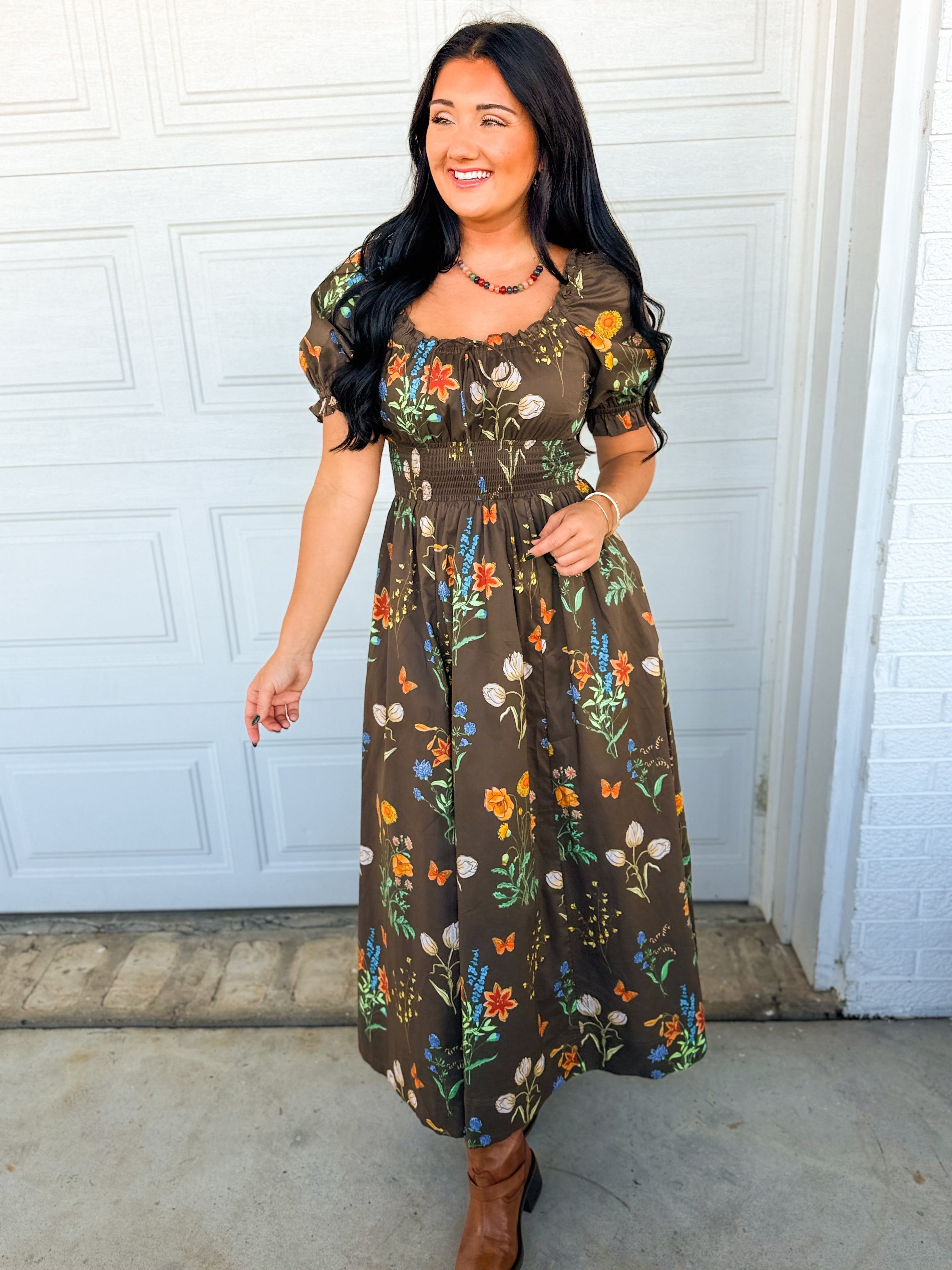 Wildflower Printed Smocked Maxi Dress - Mocha - Lace and Grace Boutique