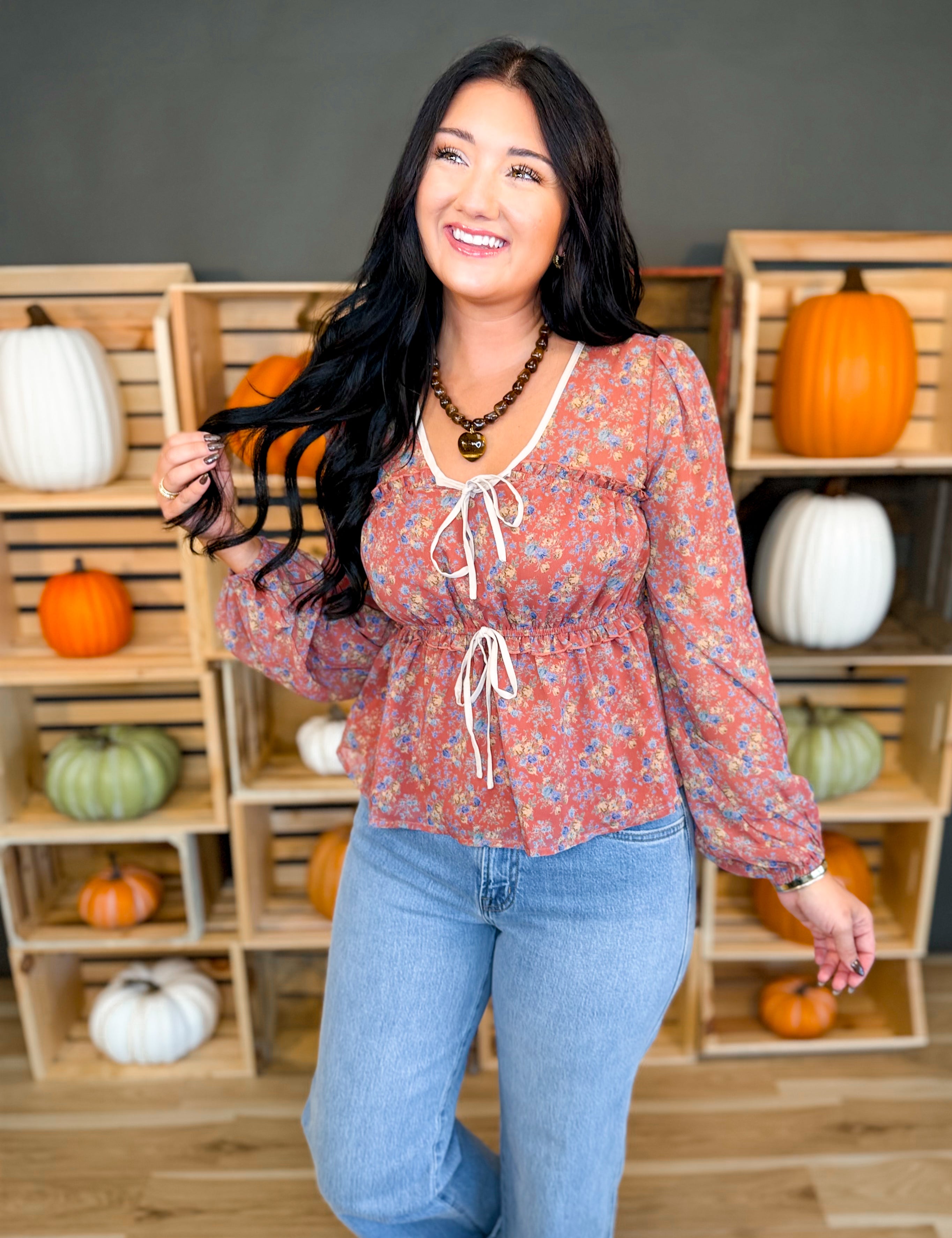 Floral Front Tie Tiered Blouse - Rust Multi - Lace and Grace Boutique