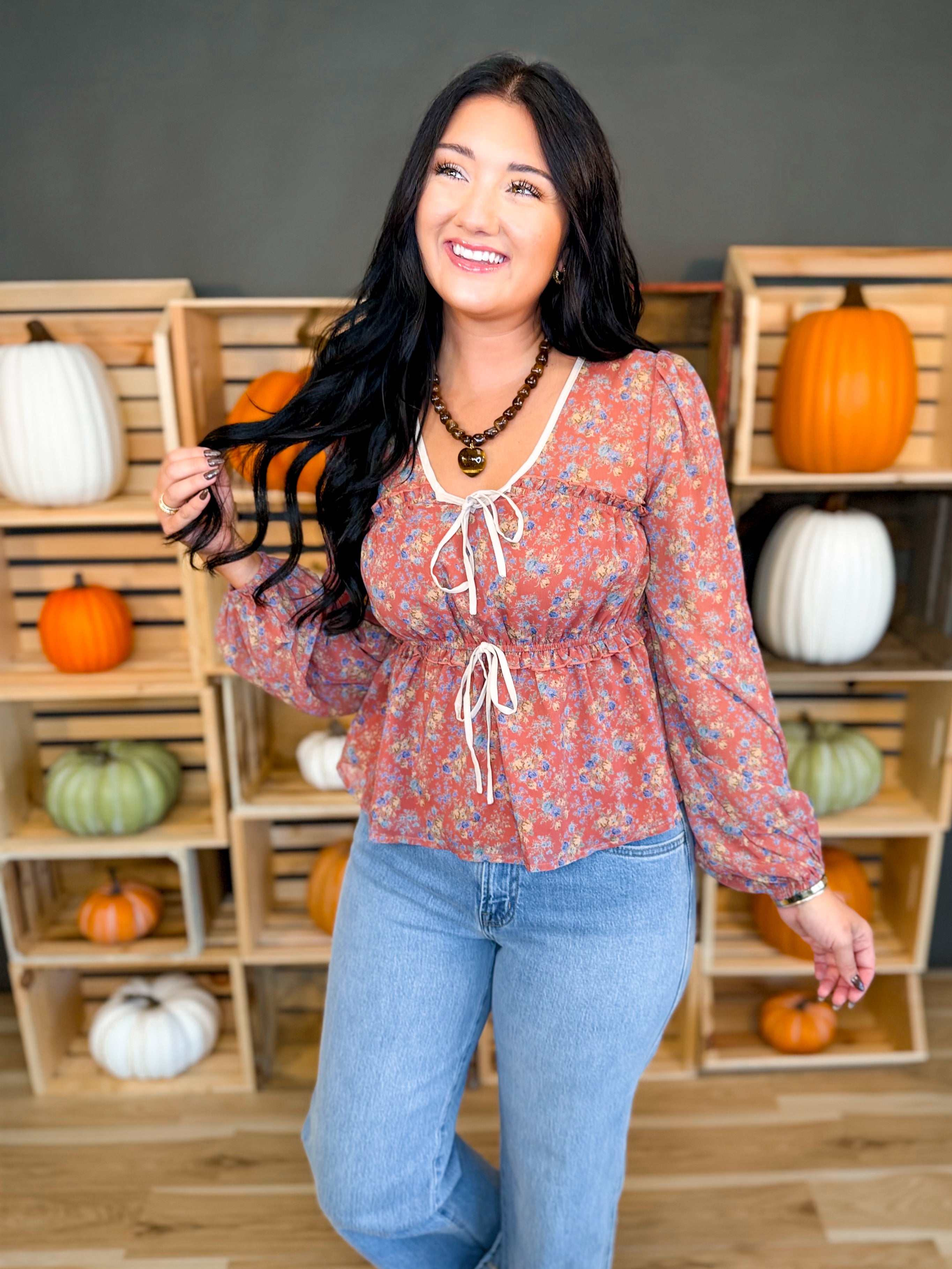 Floral Front Tie Tiered Blouse - Rust Multi - Lace and Grace Boutique