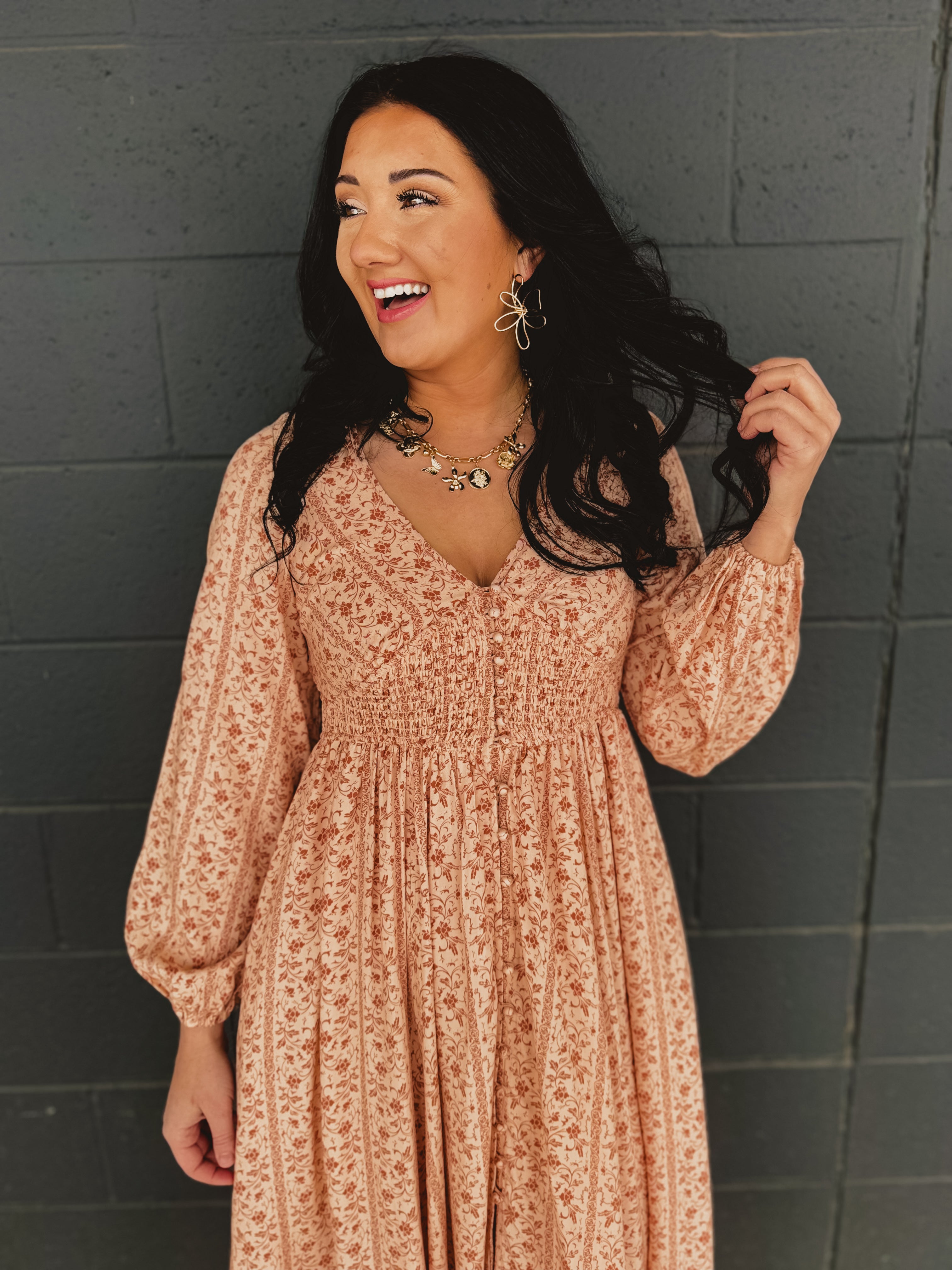 Smocked Button Down Long Sleeve Maxi Dress - Clay - Lace and Grace Boutique