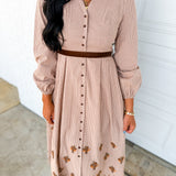 Embroidered Gingham Button Down Belted Maxi Dress - Sepia