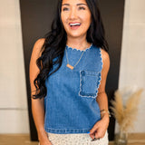 Washed Denim Scalloped Trim Tank Top - Denim