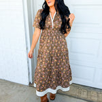 Floral Print & Contrast Border Tiered Maxi Dress - Cedarwood - Lace and Grace Boutique