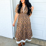 Floral Print & Contrast Border Tiered Maxi Dress - Cedarwood - Lace and Grace Boutique