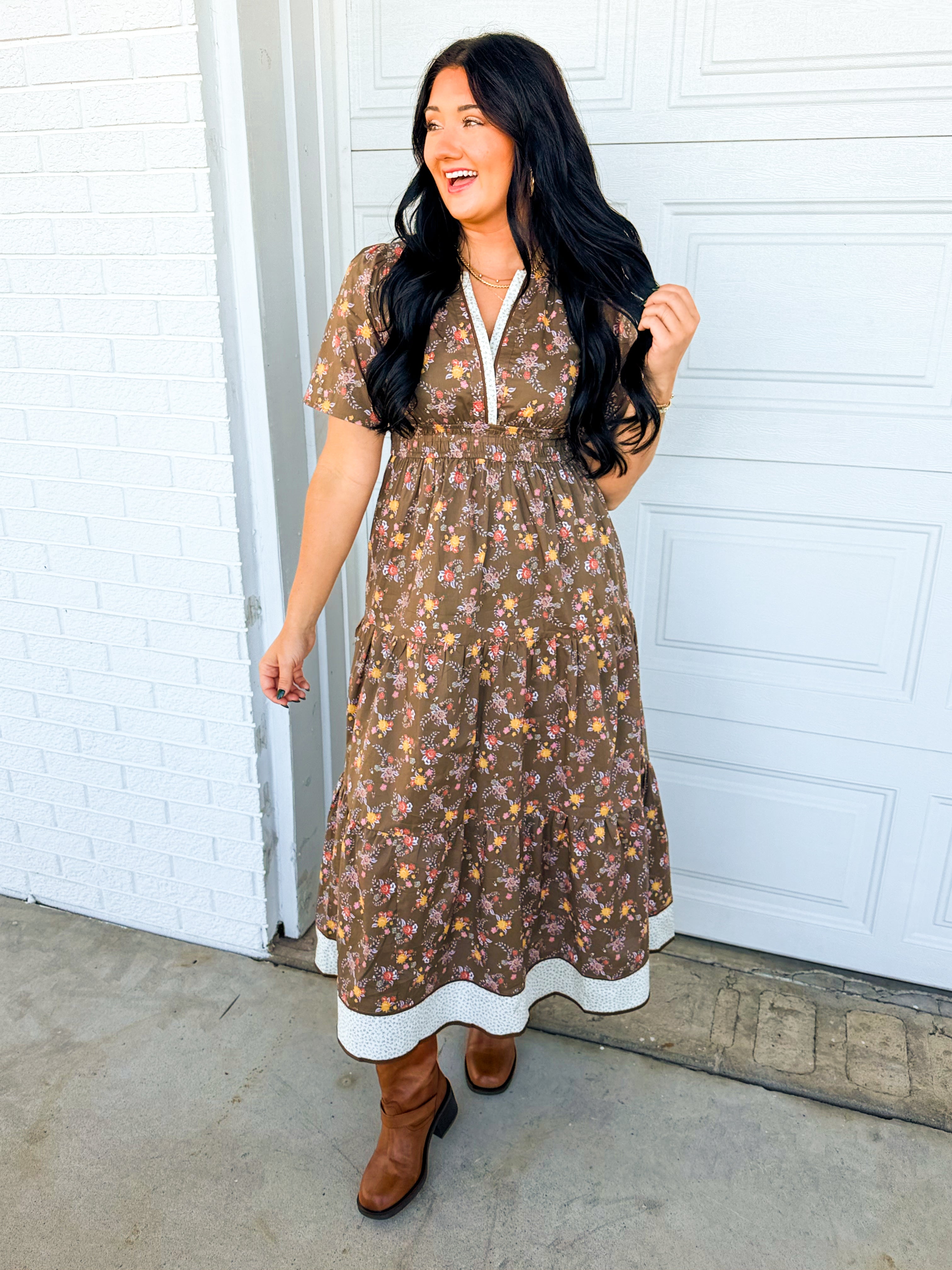 Floral Print & Contrast Border Tiered Maxi Dress - Cedarwood - Lace and Grace Boutique