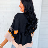 Embroidered Color Block Oversized Blouse - Black Combo