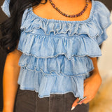 Tiered Flutter Sleeve Chambray Denim Top - Lace and Grace Boutique