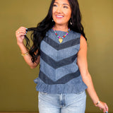 Chevron Color Block Denim Ruffle Hem Tank Top