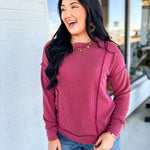 Corded Rib Exposed Seam Pullover Top - Burgundy - Lace and Grace Boutique