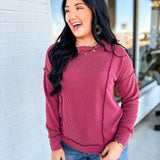 Corded Rib Exposed Seam Pullover Top - Burgundy - Lace and Grace Boutique