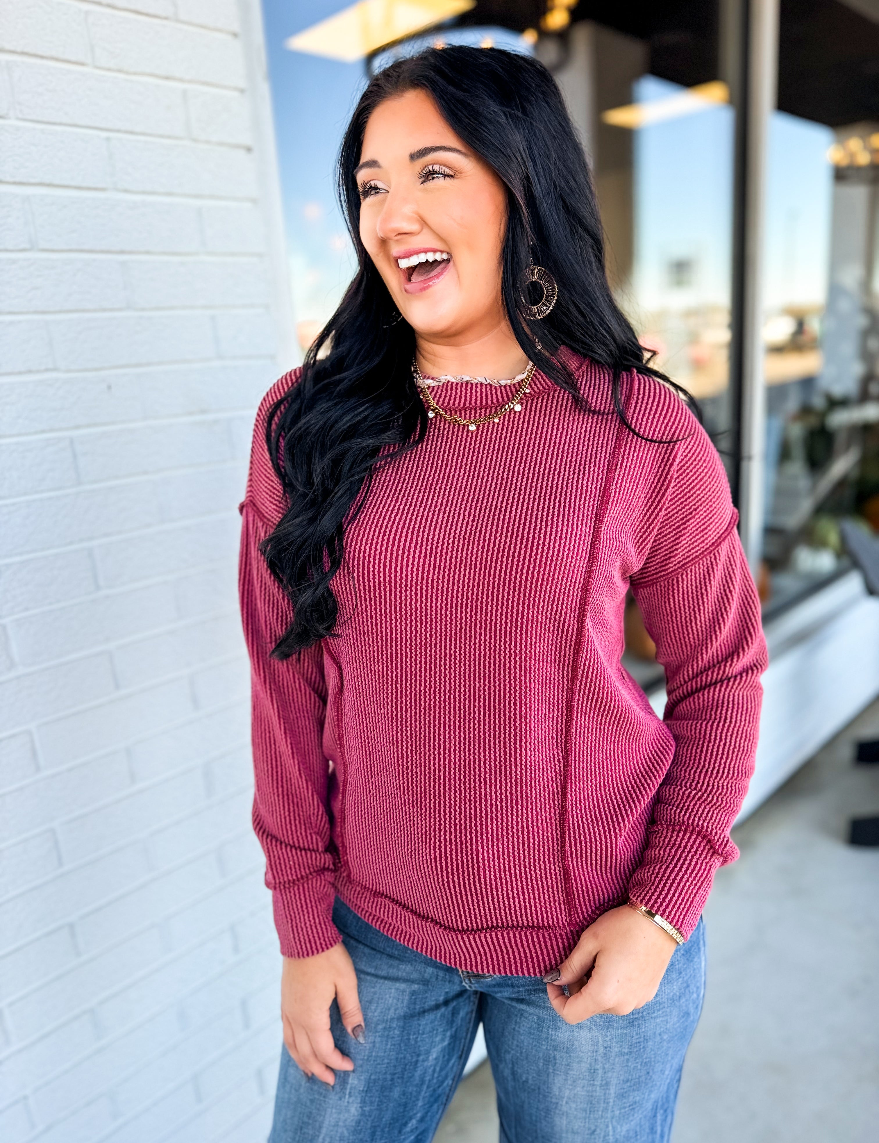 Corded Rib Exposed Seam Pullover Top - Burgundy - Lace and Grace Boutique