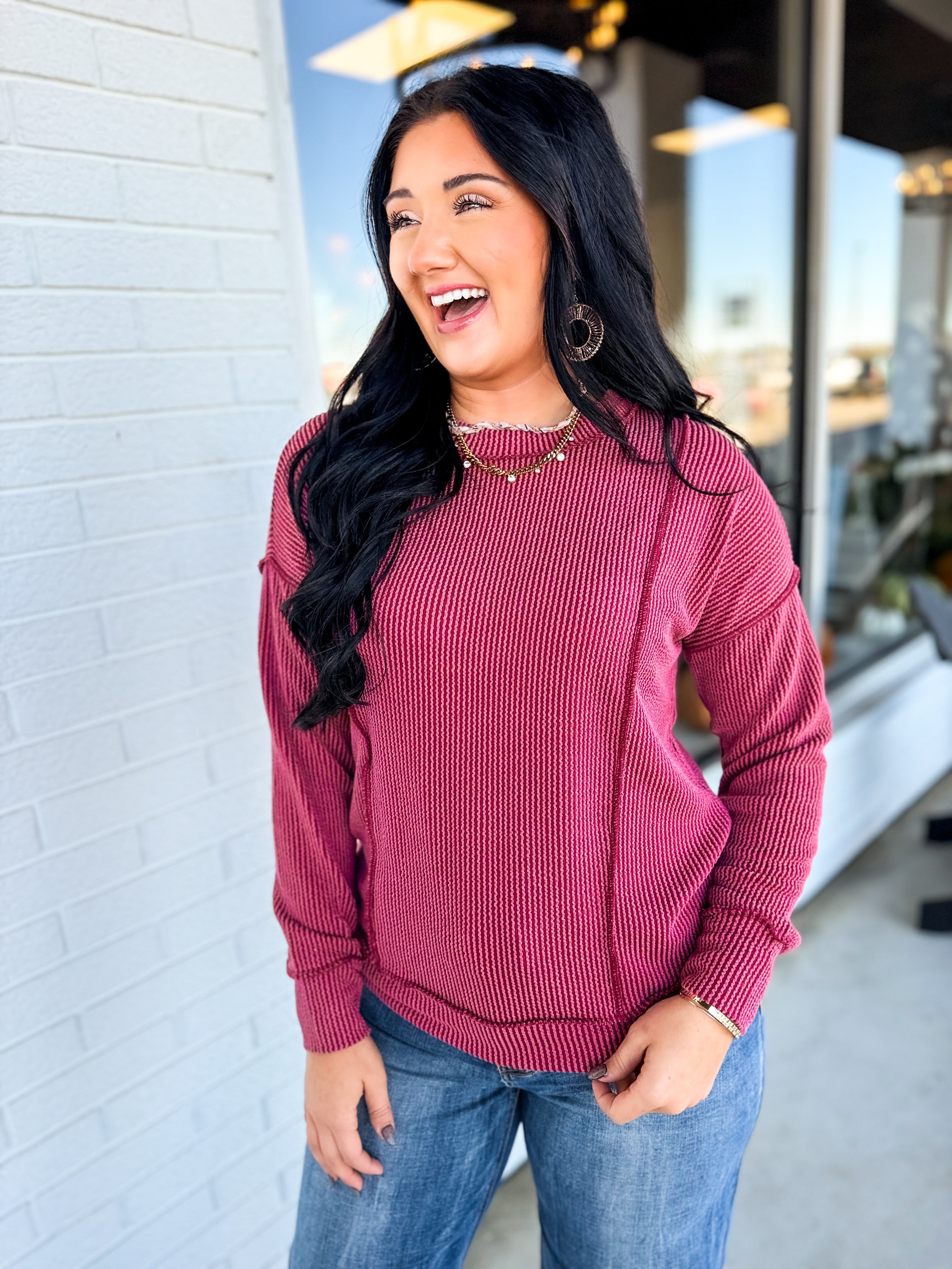 Corded Rib Exposed Seam Pullover Top - Burgundy - Lace and Grace Boutique