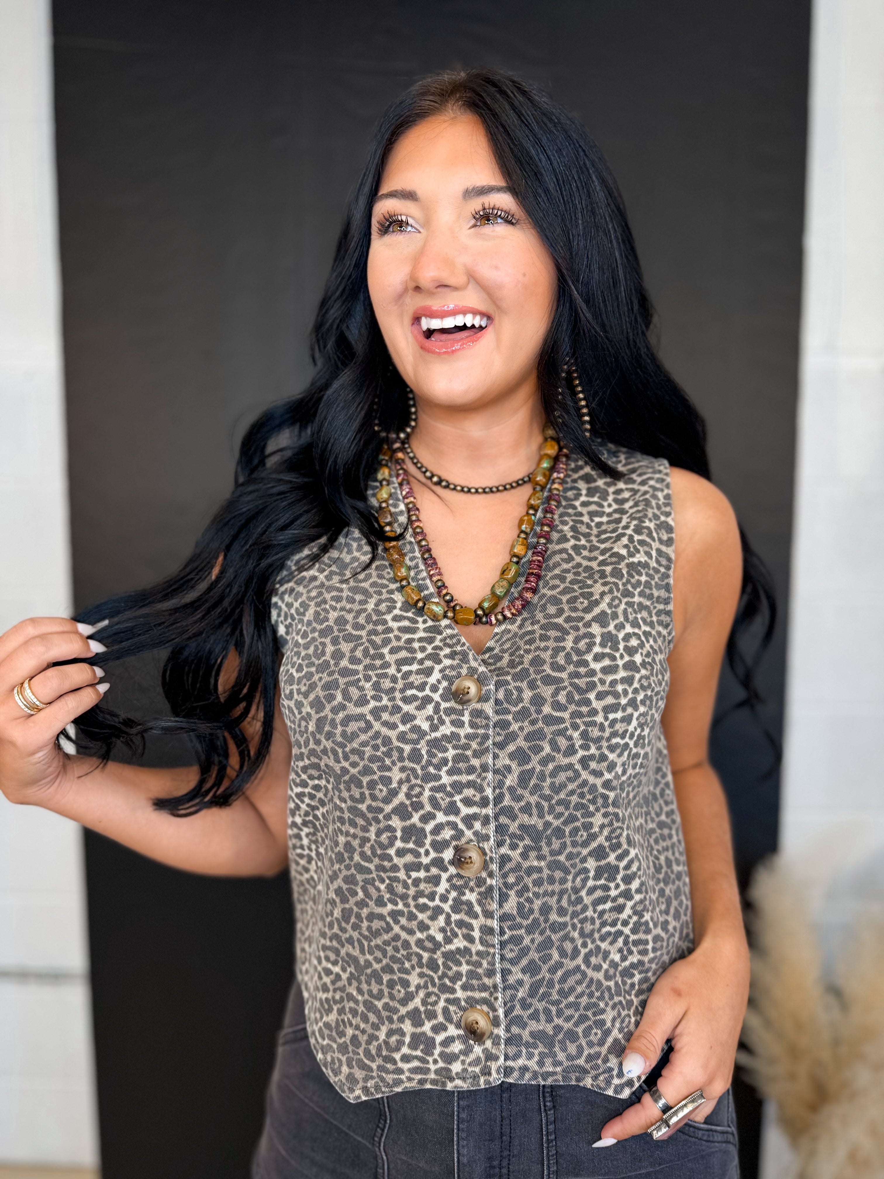 Button Up Leopard Denim Vest - Lace and Grace Boutique